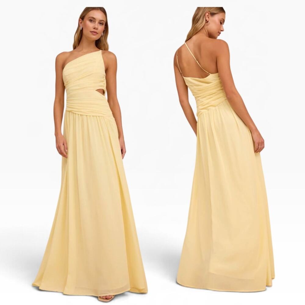 Lulus Marcela Pale Yellow Ruched One-Shoulder Maxi Dress size XL
